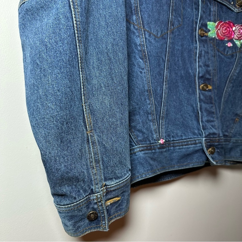 Vintage East West 80s 90s Sequin Floral Embellished Cotton Denim Jacket Sz L - Picture 3 of 10